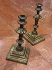 Georgian English Style Antique Brass Candlesticks Heavy Pair Set 10  Tall Square