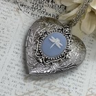 Heart Silver Cameo Blue New  Dragonfly  Locket  Necklace Photo Memorial  Wedding