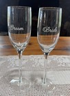 Bride Groom Champagne Flute Wedding Toasting Glass Pair Etched Tall Stem