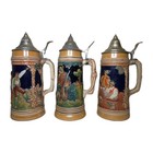 3pc Vintage German Beer Stein Lot Pewter Lids Thewalt Gerz Hunting 1l