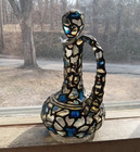 Antique Hand Blown Glass Cruet   Stopper Enamel Overlay With Blue Stained Panels