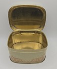Vtg Small Floral Gold Tone   Beige Hinged Lid Tin Container   England 4 x3 x2   