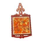 Vintage 60s 70s Cast Iron Trivet Tile Insert Orange Red Floral Holmar Japan