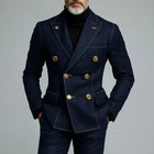 Dark Blue Denim Men s Suits Double Breasted Peak Lapel Tuxedos Wedding Blazers