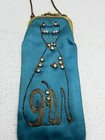 Vintage Mid Century Cat Pouch Turquoise Satin Beaded Rhinestone Purse Bag Case