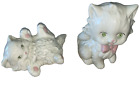 Ceramic Kittens Figurine Pair Green Eyes Lot Of 2 White Vintage With Pink Bow