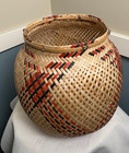 Large Handmade Split Bamboo Woven Decorative Footed Basket - Red Black Natural