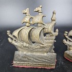 Vintage Cast Metal Ship Bookends Galleon Nautical Pair Brass Finish Book Ends