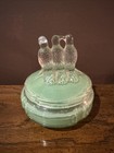 Vintage Le Smith Glass Green Satin 3 Bird Powder Jar
