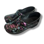 Dansko Womens Shoes Black Patent Leatherclogs Floral Slip On Nursing Size 38