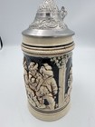 Vintage German Lidded Beer Stein 5    Ceramic Relief Pewter Lid Made In Germany