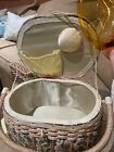 Vintage Oval Tapestry Floral  Wicker Sewing Basket W tray