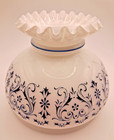 Vintage White Blue Scroll Hurricane Lamp Shade Cased Glass Ruffled 3 75  Fitter