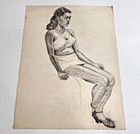 Art Portrait Charcoal Pencil Black Female Sketch 1948 Expressionism Mid Century