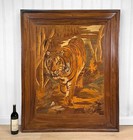 Antique Extra-large Marquetry Inlaid Wood Bengal Tiger Wall Art