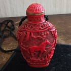 Vintage Chinese Carved Cinnabar Snuff Bottle Horse Relief Qianlong Mark Cord