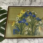 Vintage 70s Handmade Crewel Embroidered Framed Wall Art Iris Daffodil Floral Bee