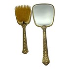 Antique Mirror   Brush Vanity Set Filigree Beveled Glass Tapestry Swans England