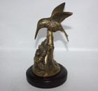 Vintage Brass Hummingbird Figurine On Wooden Base Hibiscus Flower 6 25  Tall