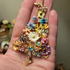 Gold Tone Christmas Tree Brooch Pin Floral Multicolor Rhinestone Pendant Large