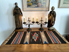 1930-40   s Chimayo Native American Wool Rug Or Mat Brown Blue Red 39x19 Very Nice