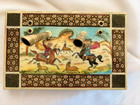 Vintage Persian Khatam Marquetry Inlay Twin Pen Holder With Men On Horses