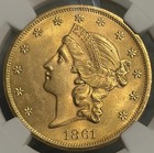 1861  20 Gold Liberty Double Eagle Ngc Ms60