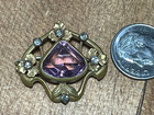 Antique Vintage C Clasp Glass Amethyst Rhinestone Brooch Pin Art Nouveau