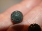 One Vintage Carved Chinese Bead Green Bloodstone Stone Round W  Shou Design 10mm