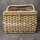 Vintage Mcm Woven Wicker Sewing Basket Pink Maroon Green Floral Top Green Inside