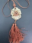 Chinese Jade Carved Flower Basket Pendant Necklace With Brown Cord Tassel