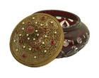 Antique Ruby Glass Powder Jar Jeweled Ormolu Lid Bohemian Dresser Trinket Box