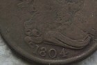 1804  1 2c Brown Draped Bust Half Cent Rare Key Date Type Coin Fine Holed