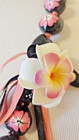 Hawaiian Kukui Nut Women s Black Pink Lei Hand Painted 34  Hibiscus Flowers