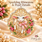 Lamb Brooch Pin Pink Bow Pearl Rhinestone Gold Tone Sheep Vintage Style Jewelry