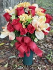 Cemetery Vase Memorial Silk Flower Arrangement Red  Yellow   Cream