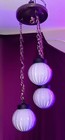 Vintage 3 Light  Art Deco Brass Hanging Pendant Light Ribbed Milk Glass Shade 