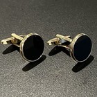 Gold Rim Round Onyx Daily Wear Cufflinks Men Birthday Gift Cuff Link With Box