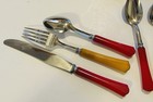 12 Piece Vtg Bakelite Butterscotch   Red Handled Silverware Stainless Euc  vb