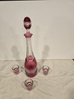 Cranberry   Clear Crystal   Cut Glass Decanter Set W stopper   3 Glasses