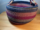 Large Woven African Bolga Ghana Market Basket Leather Handle 14 - 15    Blue Red