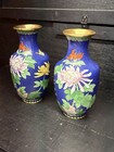 A Lovely Pair Of Vintage Chinese Cloisonn   9    Vases Blue Enamel Floral Motifs