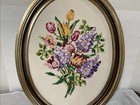 Vtg Framed Cross Stitch Needlework Flowers Bouquet Oval Frame 19    X 15   