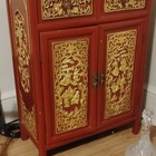 Chinese-style Carved Wood Cabinet Cupboard  Red gold Relief Panels  Hinged Doors