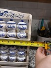Vintage  Blue Onion Ceramic Spice Rack 12 Hand-painted Jars   Wooden Drawer Read