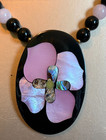 Vintage Lee Sands Abalone Mop Inlay Flower Pendant Black   Pink Beaded Necklace