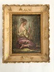 20th Century Italian Antique Portrait Painting Of Woman Wood Rare  Gilt Frame