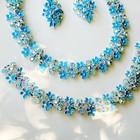 Vtg Kramer Blue Enamel Flower Ab Rhinestone Necklace Bracelet Earrings Set