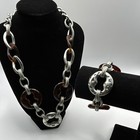 Chicos Tortoiseshell Silver Link Statement Necklace   Bracelet Set Signed