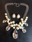 Silver Austrian Crystal Faux Pearl Statement Necklace   Rhinestone Earrings 8208
